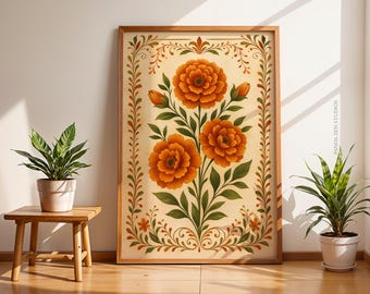 Goudsbloem-volkskunstprint, vintage Mexicaanse bloemen afdrukbare muurkunst, herfst digitale download, woondecoratie Dia de los Muertos, Papel Picado-stijl
