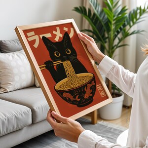 Vintage Cat Ramen Wall Art, Japanese Retro Kitchen Poster, Funny Noodle Cat Print, Quirky Cat Illustration Art Decor, Cute Digital Download