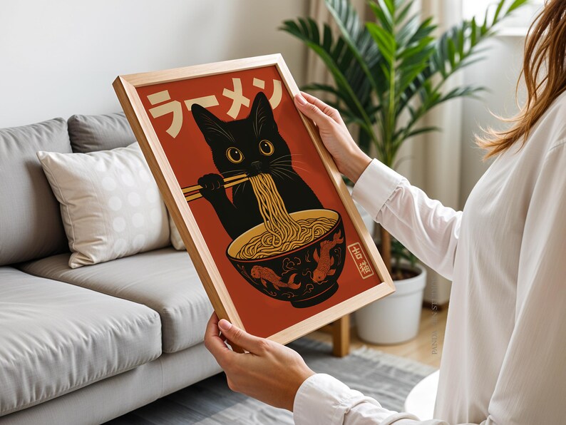 Vintage Cat Ramen Wall Art, Japanese Retro Kitchen Poster, Funny Noodle Cat Print, Quirky Cat Illustration Art Decor, Cute Digital Download