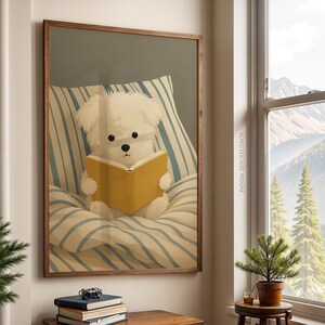 Dog Reading Wall Art Print – Cozy Dog in Bed Illustration, Book Lover Poster, Whimsical Animal Artwork, Digital Dog Print for Bedroom Decor