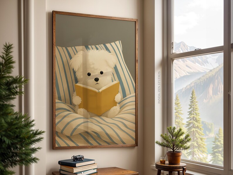Dog Reading Wall Art Print – Cozy Dog in Bed Illustration, Book Lover Poster, Whimsical Animal Artwork, Digital Dog Print for Bedroom Decor