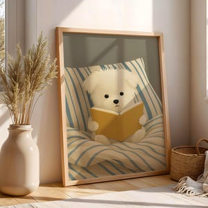 Dog Reading Wall Art Print – Cozy Dog in Bed Illustration, Book Lover Poster, Whimsical Animal Artwork, Digital Dog Print for Bedroom Decor