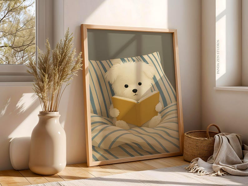 Dog Reading Wall Art Print – Cozy Dog in Bed Illustration, Book Lover Poster, Whimsical Animal Artwork, Digital Dog Print for Bedroom Decor