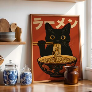 Vintage Cat Ramen Wall Art, Japanese Retro Kitchen Poster, Funny Noodle Cat Print, Quirky Cat Illustration Art Decor, Cute Digital Download