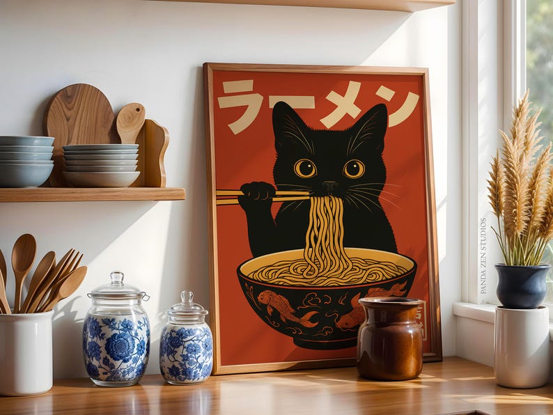 Vintage Cat Ramen Wall Art, Japanese Retro Kitchen Poster, Funny Noodle Cat Print, Quirky Cat Illustration Art Decor, Cute Digital Download