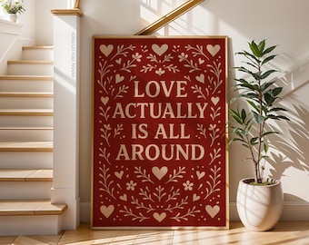 Love Actually is All Around Print, Preppy Heart Girly Wall Art, Red Minimalist Romantic Quote Poster, Trendy Dorm Room Heart Aesthetic Decor