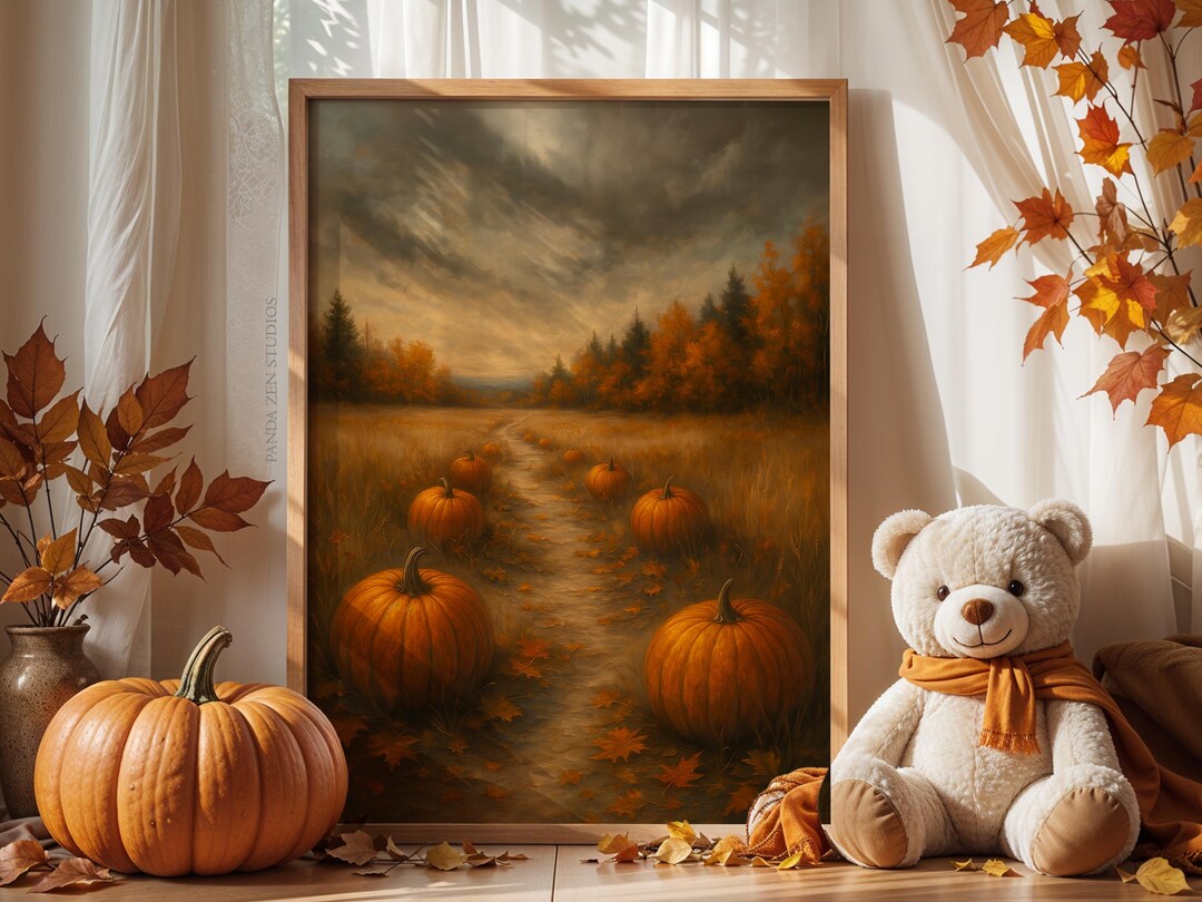 Vintage Pumpkin Field Oil Painting, Rustic Fall Landscape Print, Moody ...