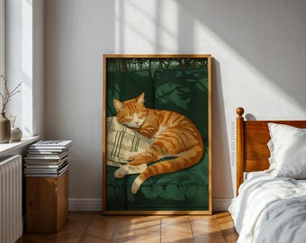Stampa artistica di un gatto accogliente, stravagante stampa murale di un gatto addormentato, poster estetico verde e arancione, grazioso ritratto di un animale domestico, regalo per gli amanti dei gatti, download digitale