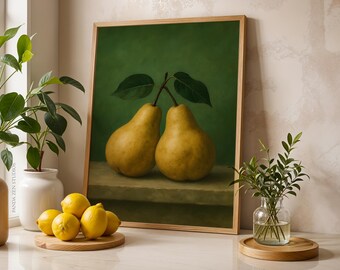Vintage Pear Still Life Printable Wall Art, Rustic Kitchen Decor, Moody Fruit Print, Farmhouse Dining Room Digital Artwork, Digital Download