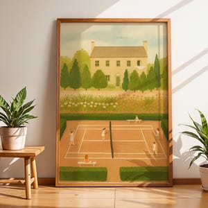 Tennis Court Watercolor Wall Art, Country Estate Garden Print, Cottagecore Summer Decor, Spring Pastel Giclée Artwork, Instant Download Art