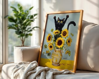 Impresión de gato divertida con girasoles de Van Gogh, póster de bodegón, decoración vintage de gato, regalo para amantes de los gatos atigrados, impresión digital sin marco.