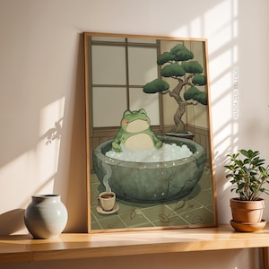 Frog in Japanese Bathtub Print, Japandi Wall Art, Zen Frog Bathroom Decor, Cute Frog Relaxing Artwork Poster, Japanese Aesthetic Digital Art