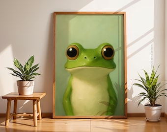 Funny Frog Art Print, Quirky Green Frog Wall Decor, Whimsical Animal Poster, Vibrant Oil Painting Style, Digital Download, Printable Artwork