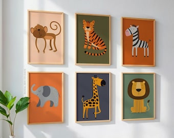 Set di stampe di animali da safari, stampe murali di animali della giungla per la cameretta dei bambini, decorazioni stampabili di cuccioli di animale, stampe murali di animali da safari per la cameretta dei bambini di genere neutro