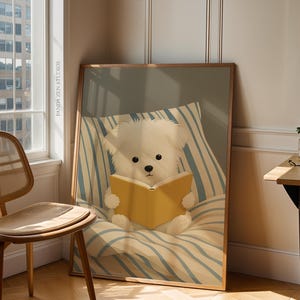 Dog Reading Wall Art Print – Cozy Dog in Bed Illustration, Book Lover Poster, Whimsical Animal Artwork, Digital Dog Print for Bedroom Decor