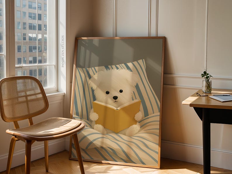 Dog Reading Wall Art Print – Cozy Dog in Bed Illustration, Book Lover Poster, Whimsical Animal Artwork, Digital Dog Print for Bedroom Decor
