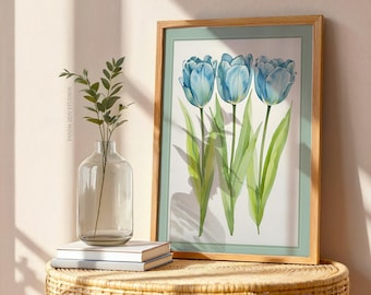 Blue & Green Tulip Floral Wall Art, Botanical Chinoiserie Digital Download, Elegant Grandmillennial Preppy Home Decor, Modern Classic Print