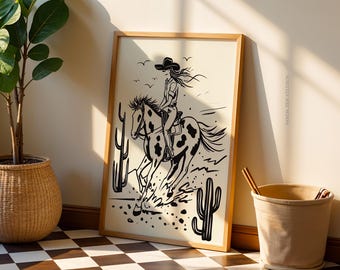 Abstract Cowgirl Printable Poster, Boho Western Horseback Print, Neutral Southwest Room Decor, Modern Cowgirl Riding Horse Digital Download