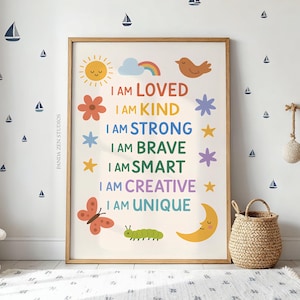 Kids Affirmation Print, Positive I Am Poster, Growth Mindset Wall Art, Digital Download for Classroom, Motivational Nursery & Playroom Decor