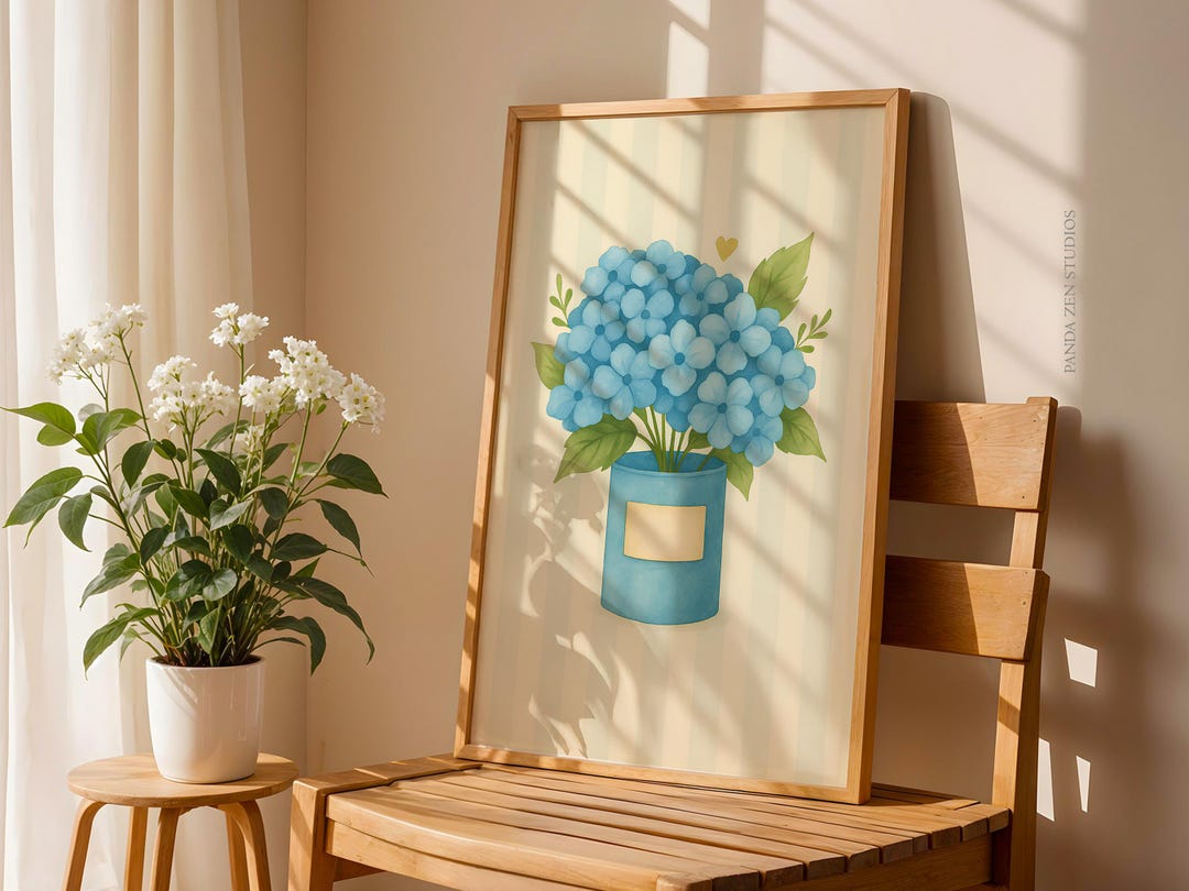 Watercolor Hydrangea Wall Art Print, Blue Floral Botanical Digital ...