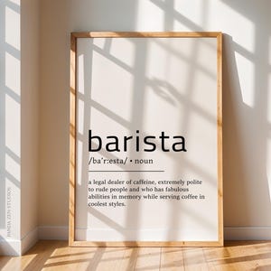 Impresión de definición de barista, decoración de cafetería, regalos de barista, arte de pared de cafetería, definición de diccionario divertida, decoración de arte de cafetería, decoración de barista