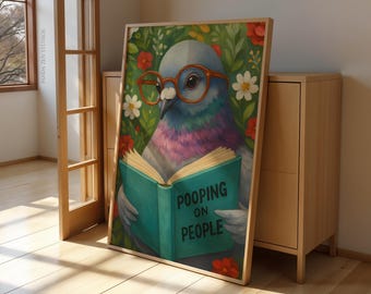 Funny Pigeon Reading Print, Quirky Bathroom Wall Art, Humorous Animal Poster, Whimsical Bird Cheeky Home Decor, Funny Toilet Art Printable