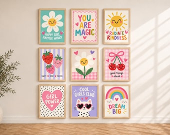 Girls Room Wall Art Set of 9, Colorful Girls Gallery Wall, Playful Nursery Prints, Toddler Girl Bedroom Decor, Printable Art Bundle