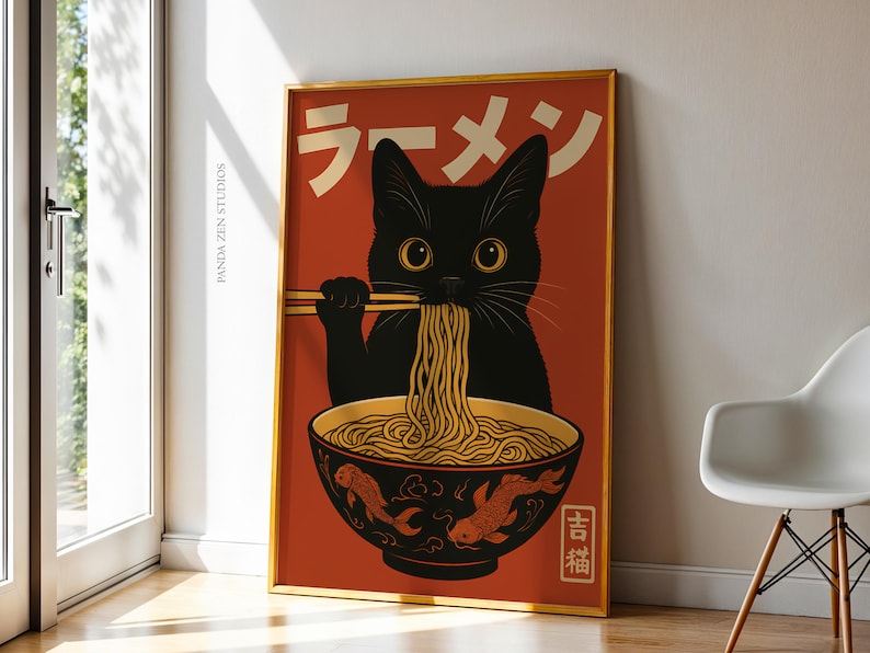 Vintage Cat Ramen Wall Art, Japanese Retro Kitchen Poster, Funny Noodle Cat Print, Quirky Cat Illustration Art Decor, Cute Digital Download