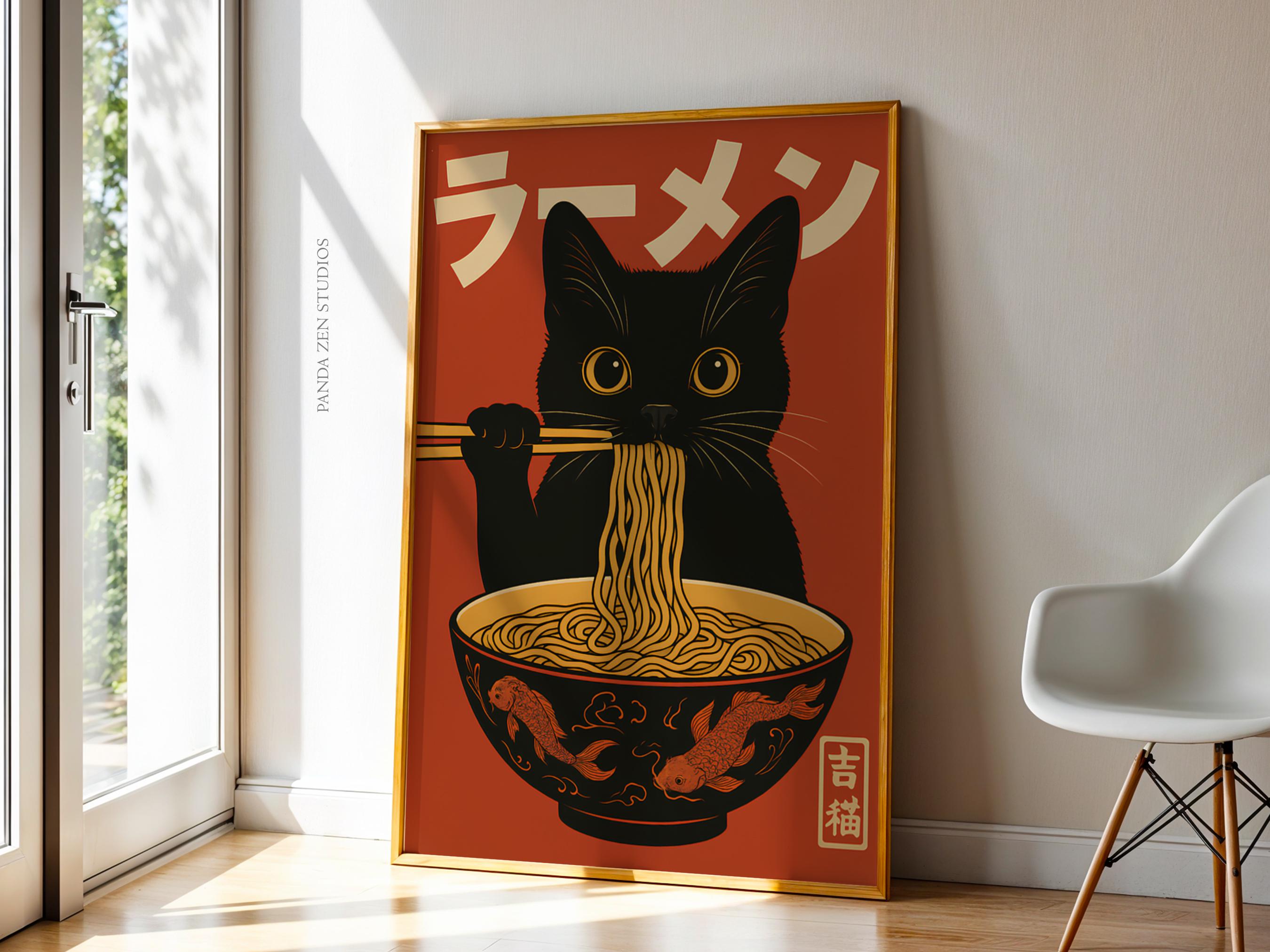 Vintage Cat Ramen Wall Art, Japanese Retro Kitchen Poster, Funny Noodle ...