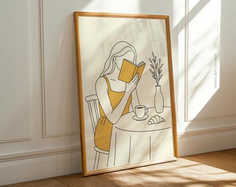 Quadro da parete con donna che legge color smeraldo e giallo, stampa astratta femminile, poster moderno per amanti dei libri, opera d'arte contemporanea a tema lettura, decorazione digitale scaricabile.