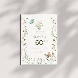 Digital Invitation 60th Birthday | Editable 60th Birthday Invitation Template | flower 60th Canva Invite | Digital Download invitation
