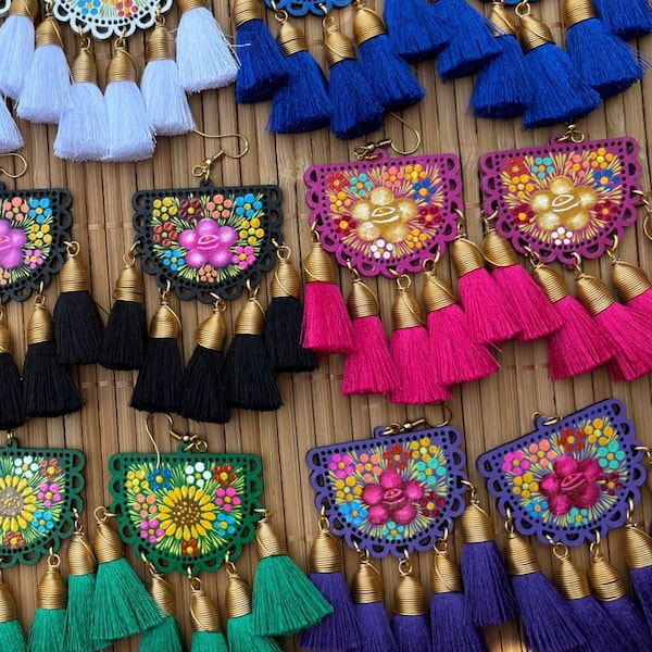 Pompon Chic Earrings// Hand-Painted Earrings// Mexican Boho Earrings// Fiesta Earrings