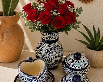 Blue Talavera Pottery Set | Handmade Mexican Ceramic Coffee Bar Decor