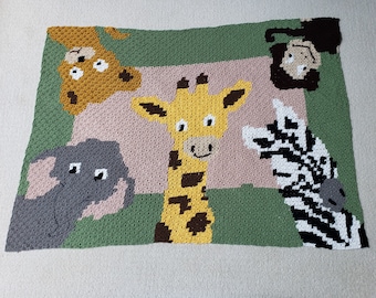 Safari Blanket - Graphan (C2C) Pattern.  (Crochet; Corner-to-Corner; zebra; elephant, lion; monkey; giraffe)