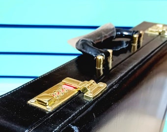 90's  Briefcase Black Leather Attache Briefcase Expandable Executive Business Case Work Gold lock Travel Business Laptop Case