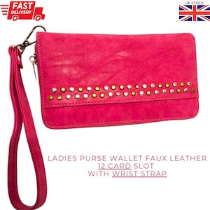 Pink Large Ladies Woman Purse Long Wallet 12 Card Slot With Wrist Strap Holder case Zip purse
