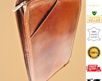 A4 Italian MILANO Top Genuine Leather Cognac Zippered Writing Pad Portfolio Business Organizer Travel Tablet Holder UK
