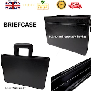 Porte-documents noir vintage en cuir PU, sac pour ordinateur portable, sacoche pour ordinateur portable, poignées rétractables et rétractables, organiseur de documents, sac de voyage pour ordinateur portable