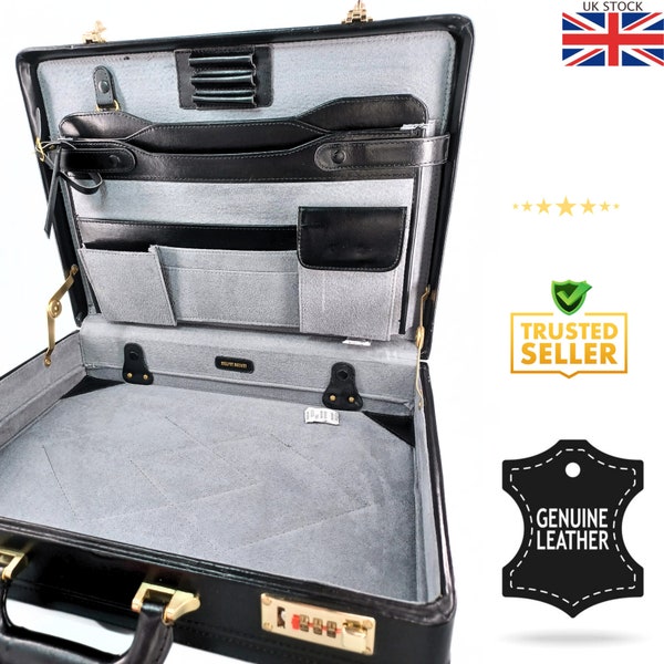 Black Leather Attache Briefcase Expandable Executive Business Case Work