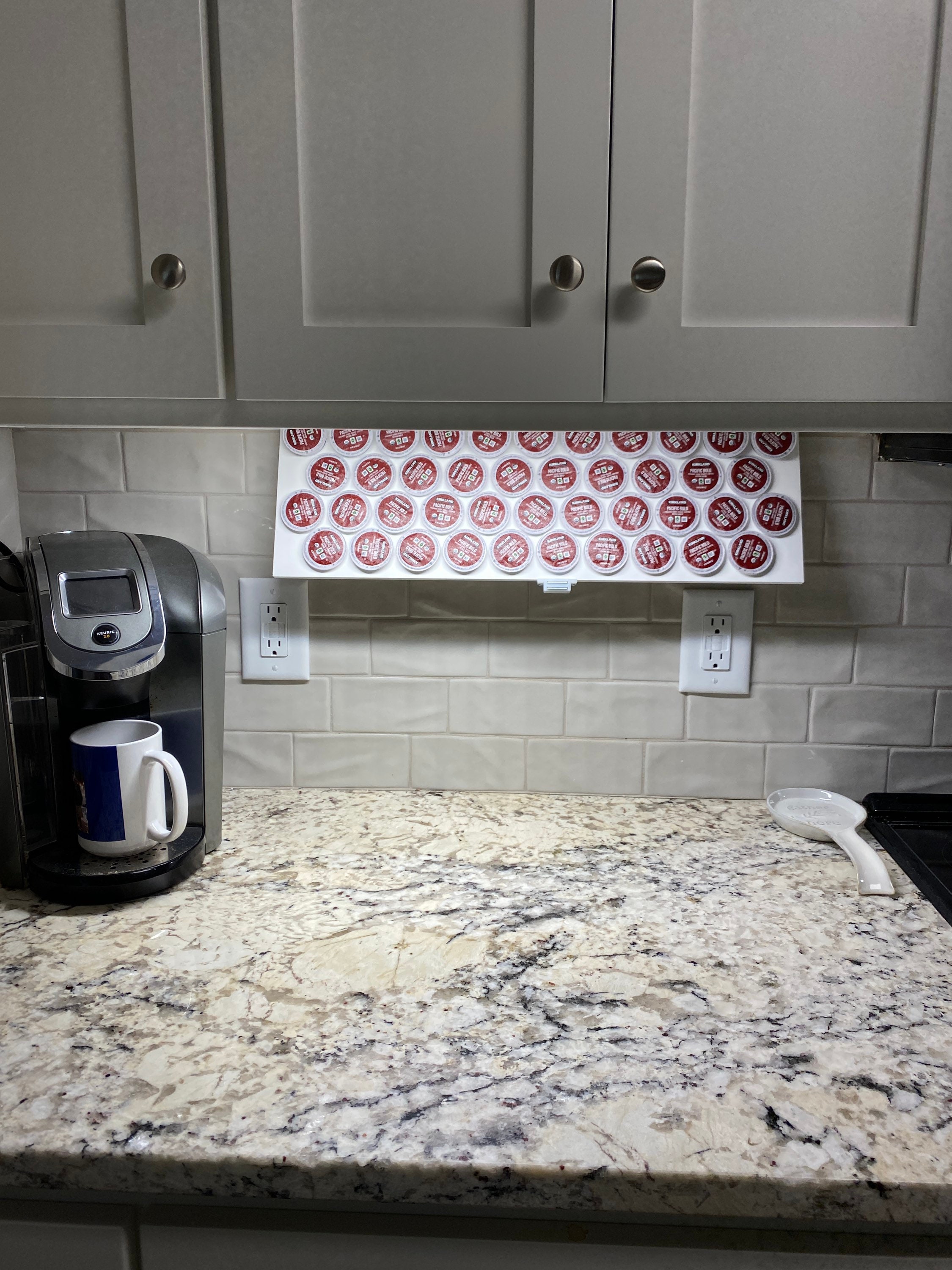 Keurig coffee pod holder, storage, organizer 8x24 Large size holds 42 pods. Under cabinet design. Visit store for the medium 26 pod holder