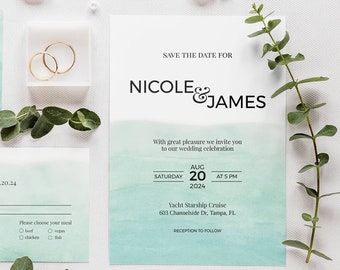 Watercolor Wedding Invitation Set, Ocean, Nautical, Beach, Editable Template, Instant Download, Invite, RSVP, Details Card, Templett