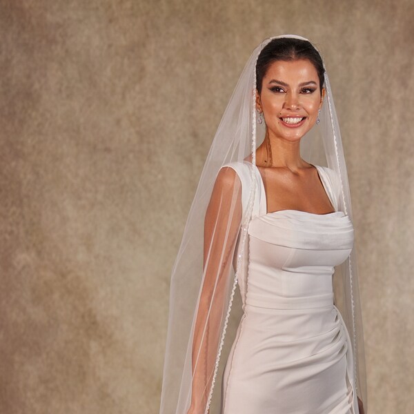 From Drab to Fab: Hand-Beaded Crystal Cathedral Veil Elegant and Chic Beaded Edge Bridal Veil,  Cathedral Veil- D249