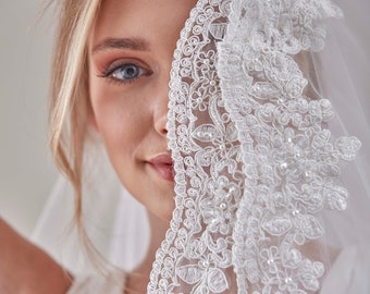 Two tier bridal veil with lace trim, Embroider veil,  Wedding veil,  Floral Veil, Wedding Hair Accessories-D101