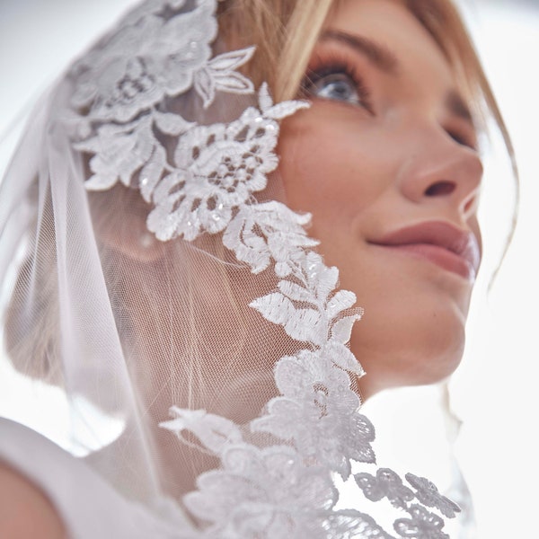 Mantilla Inspired Veil with Lace Edge, Lace Bridal veil, Contemporary floral lace with sequins,  embroidered veil-D206