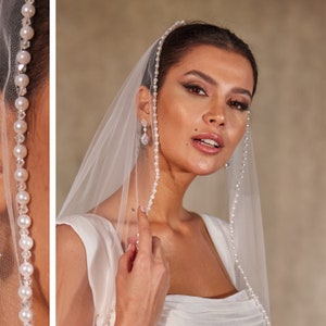 Bead and Pearl Edge Wedding Veil, Bead and Pearl  Edge Bridal Veil,  Cathedral Veil- D248