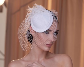 Birdcage Veil with Feathers- Victorian Wedding Veil Birdcage Blusher with Crystal and Feather Fascinator
