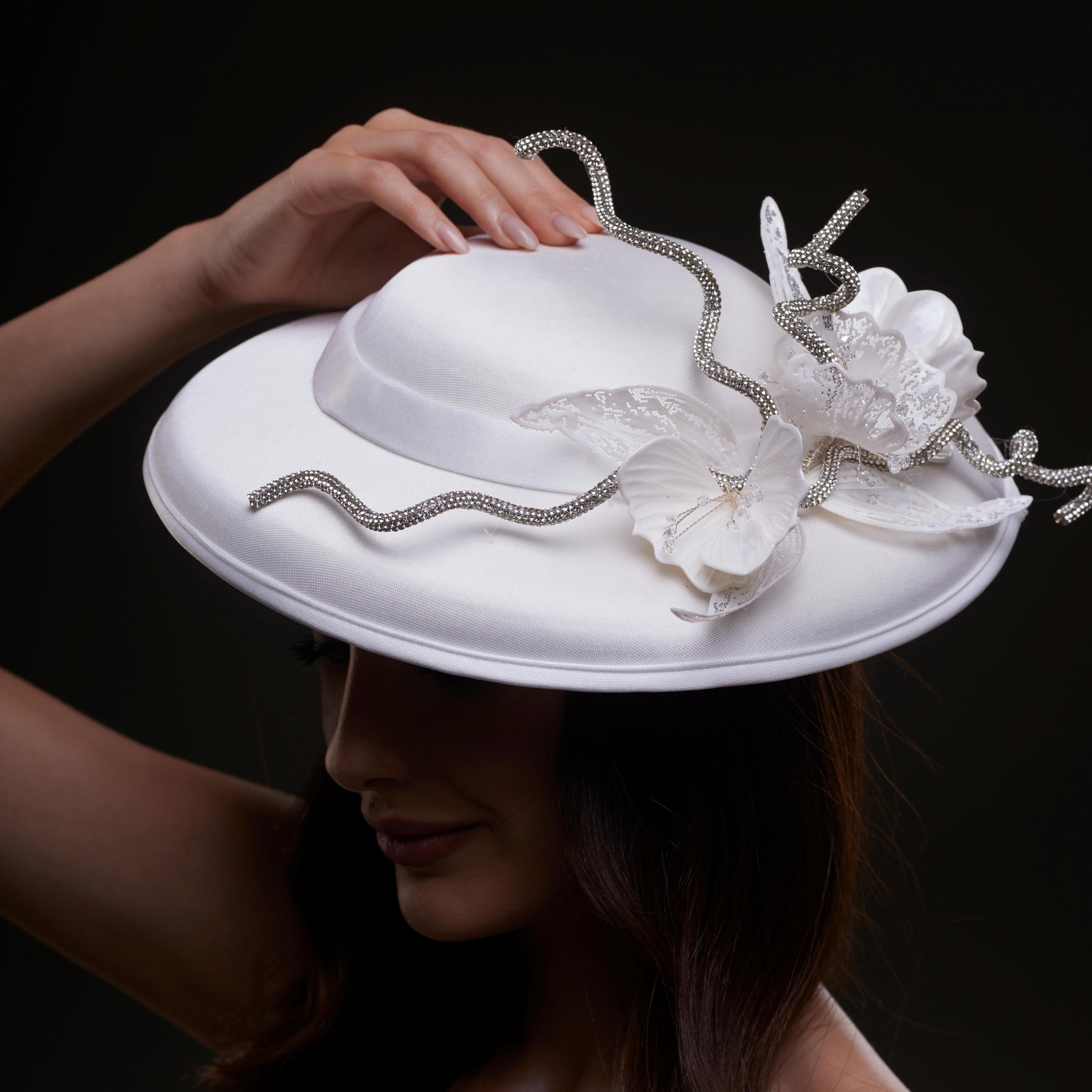 White Satin Hat With Rhinestone Vines and Tropical Flower 