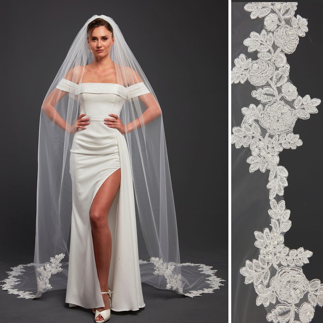 Cathedral Length Lace Wedding Veil, Floral Vintage Bridal Veil, Soft