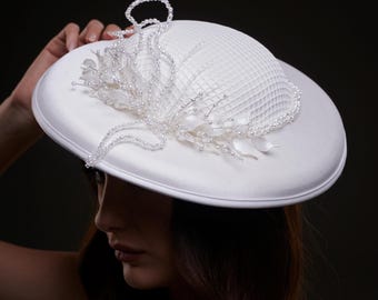 White Beaded Pearl Fascinator Hat: Wedding Church Occasion 