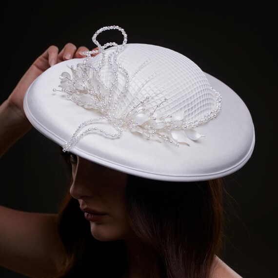 Elegant White Bridal Hat With Beaded Flower Detail – Formal  display picture 3